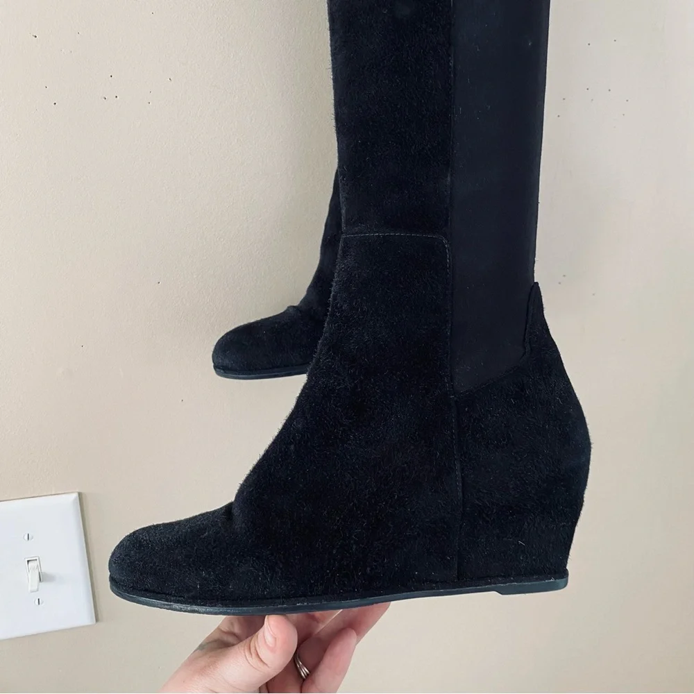 Stuart Weitzman Luxury Classic Black Suede Leather & Neoprene Stretch Calf Boots